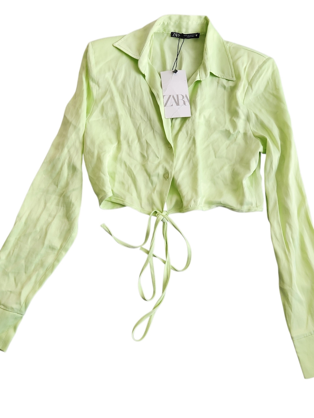 NWT ZARA Lime Satin Tie Waist Crop Top Women's M Green Glam Chic Long Sleeve